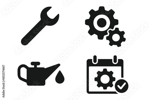 Maintenance service icon set. Wrench tool, gear mechanism, oil can, liquid drop, maintenance calendar, repair symbol, settings sign. Preventive engineering, periodic schedule vector illustration