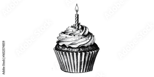 Black and white drawing of a cake with one birthday candle stuck in it.