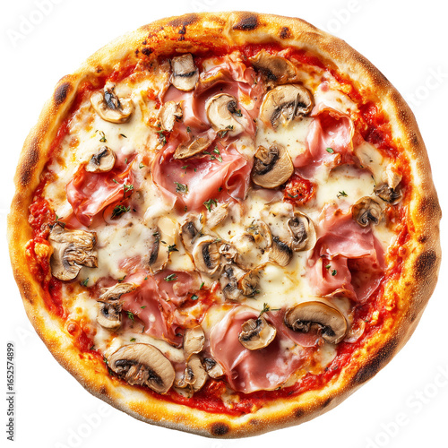 Pizza Prosciutto e Funghi with Tomato sauce, mozzarella, ham, mushrooms isolated on white transparent background