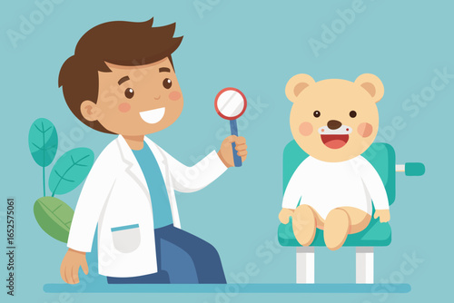 Boy in white dentist coat looking at teddy bear in chair, holding toy dental mirror.