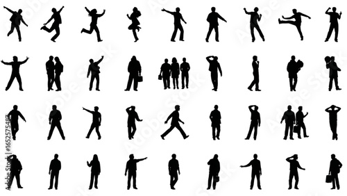 People Silhouette Vector Set – Dancing, Jumping, Walking, Business, Casual, and Group Poses – Diverse Human Figures, Men and Women, Black Outline Illustration
