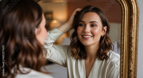 Young woman perfecting her appearance with elegance in front of an ornate mirror