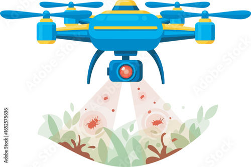 Drone spraying pesticide on plants, aerial view, pest control technology.