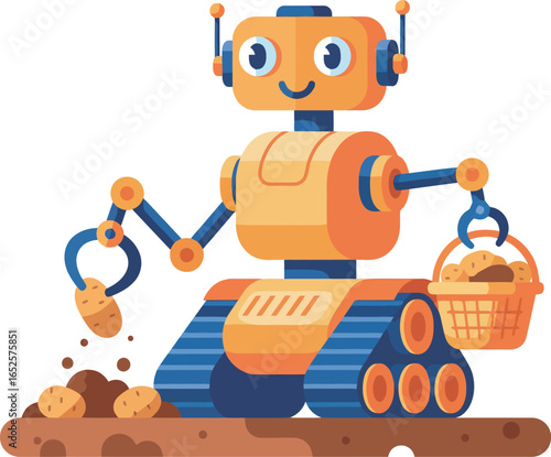 Cute orange robot harvests potatoes from the ground.