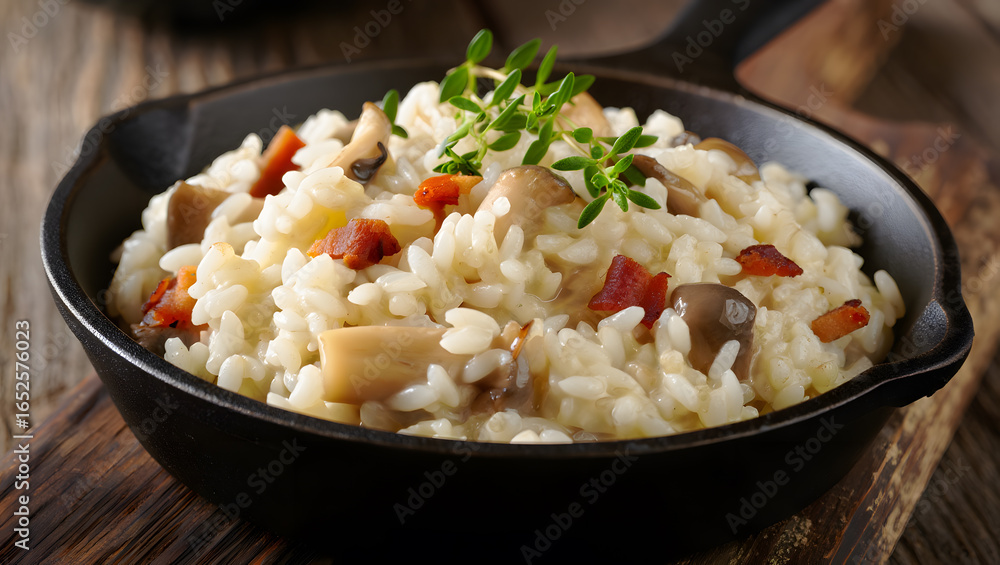 Creamy mushroom risotto with bacon and thyme served in a black cast iron pan Creamy mushroom risotto with bacon and thyme served in a black cast iron pan