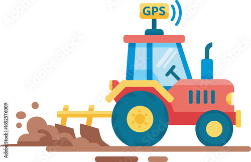 A red tractor with GPS technology plows a field of brown earth.