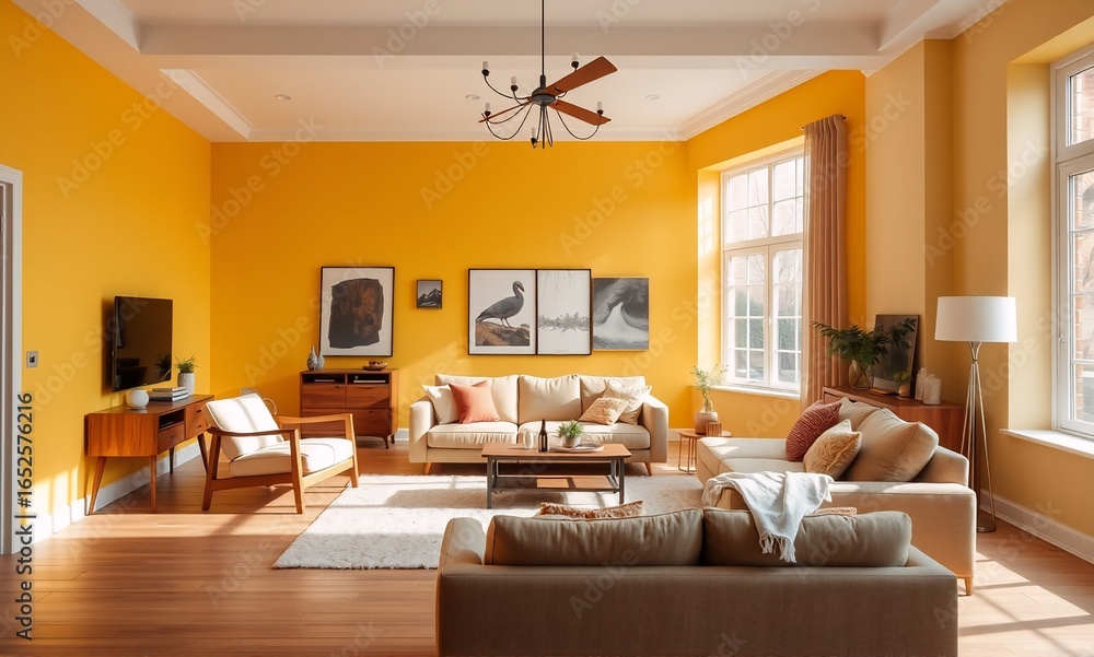 Fototapeta premium A bright and inviting living room features vibrant yellow walls, comfortable sofas, and large windows, creating a warm ambiance.