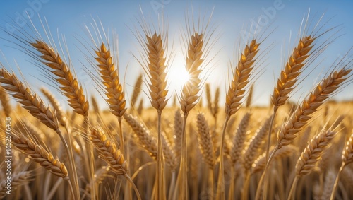 Field of grain crops with wheat spikes illuminated by sunlight. Agriculture and agronomy concept. Vertical shot.