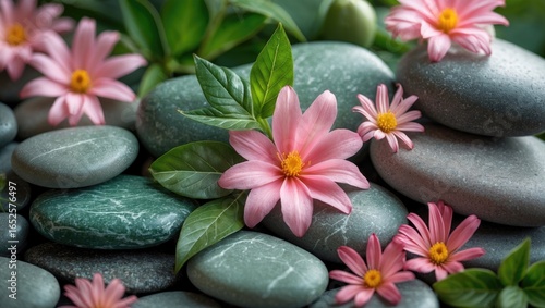 Relaxing spa mixture with stones and floral elements