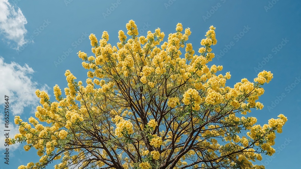 Fototapeta premium Blue sky backdrop featuring vibrant yellow spring blooms on a tree