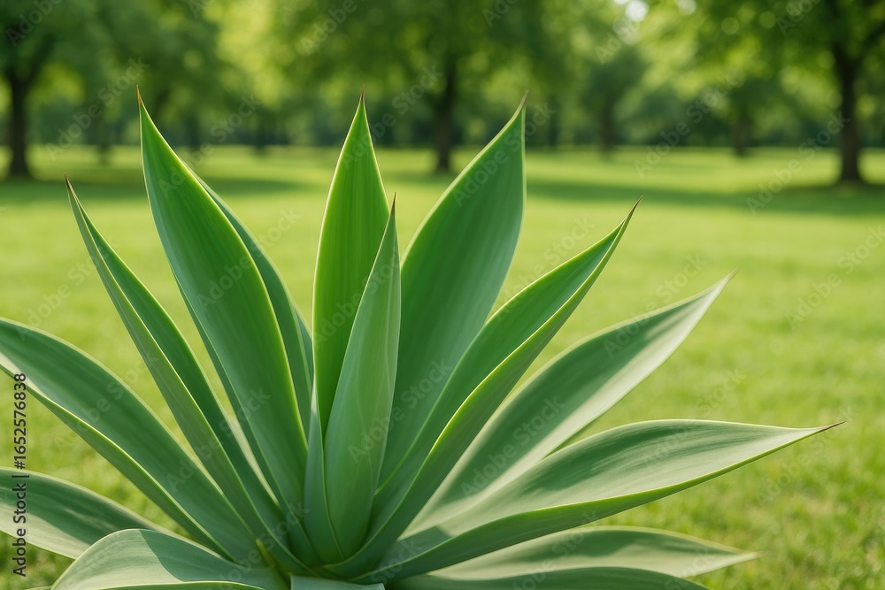 Obraz premium Green agave plant leaves lying on the park ground