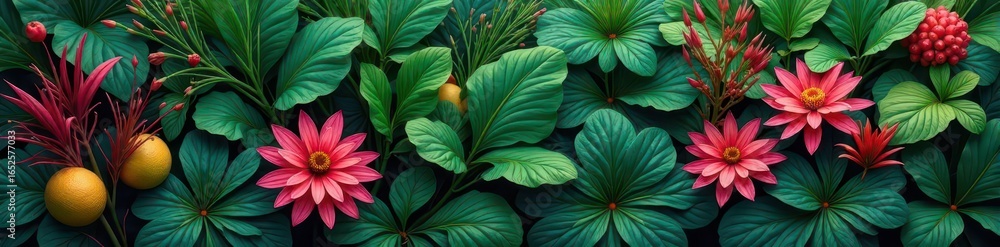 Obraz premium Dense tropical bush, abundant floral detail, rich color , jungle, outdoor, plant