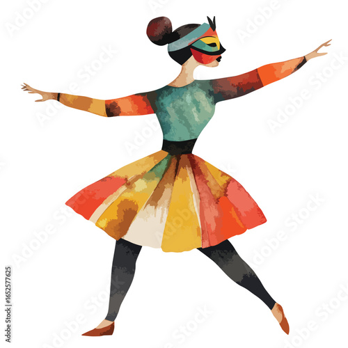 Colorful Masked Dancer in a Flowing Skirt with Arms Outstretched