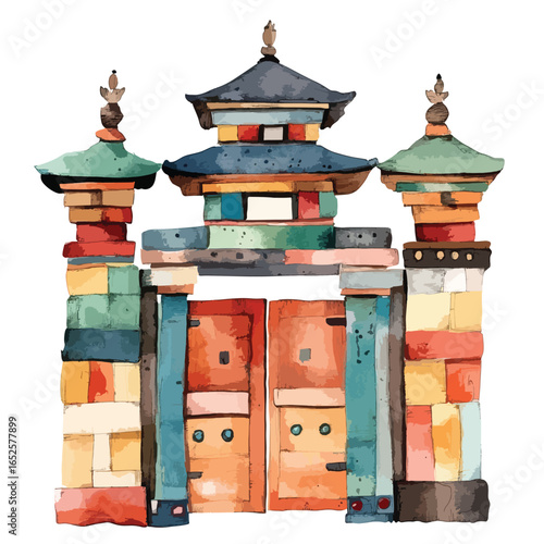 Colorful stacked block gate with pagoda roof and decorative finials