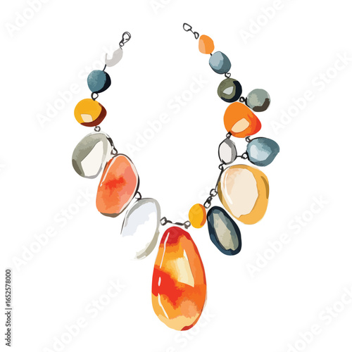 Colorful stone necklace with large orange pendant and metal chain links