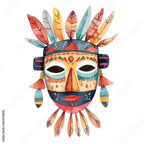 Colorful Tribal Mask with Feathers and Geometric Patterns Watercolor Style