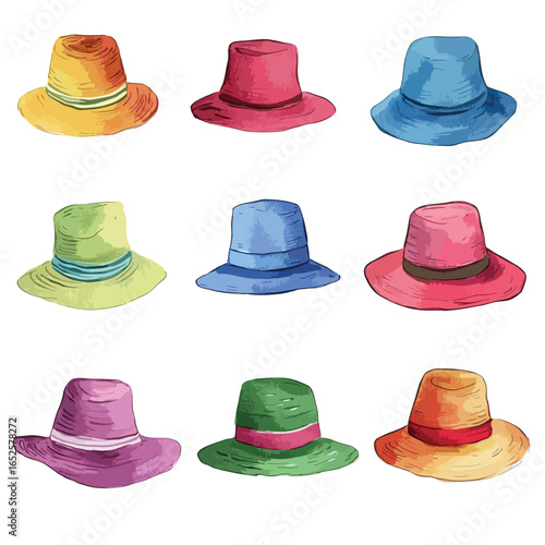 Colorful Variety of HandDrawn Summer Hats