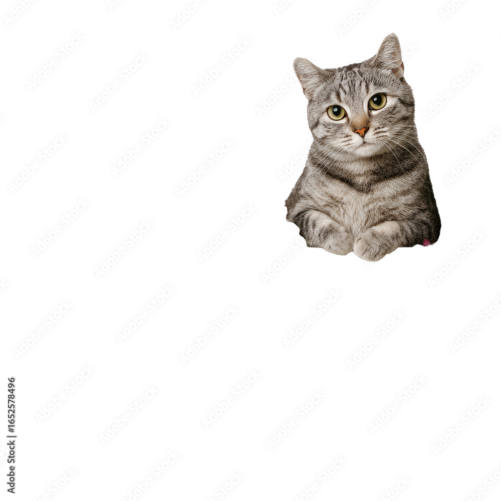 Fototapeta premium Cute grey tabby cat sitting, studio shot, black background, pet portrait