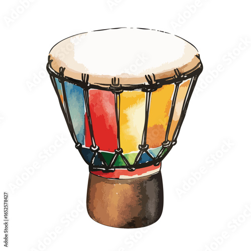 Colorful Watercolor Djembe Drum with Detailed Texture and Vibrant Hues