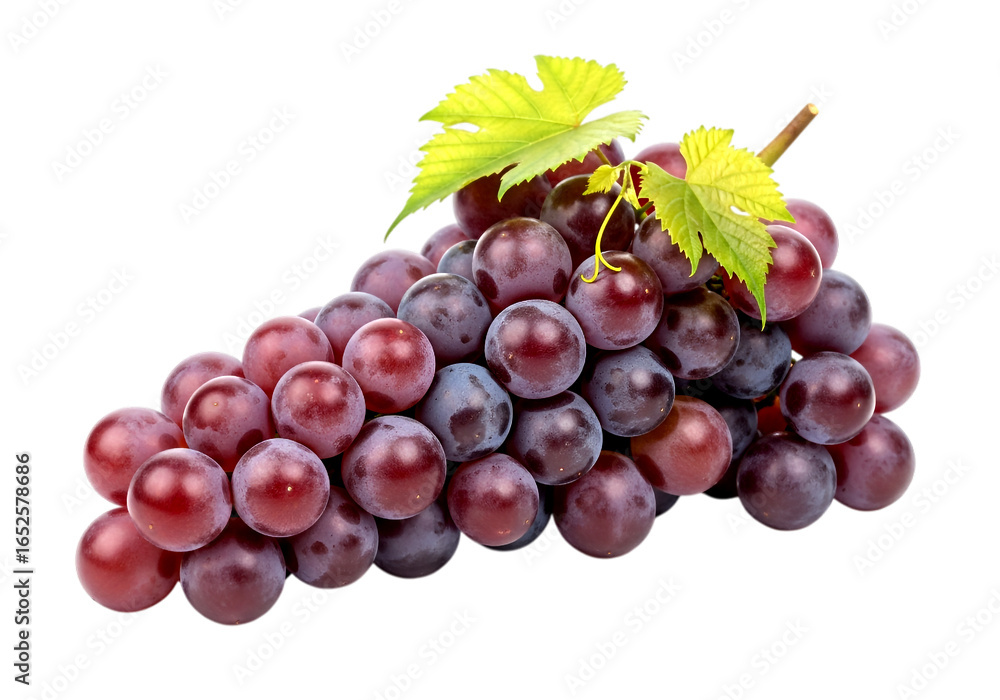 Fototapeta premium Hyper-Realistic 3D Purple Grapes PNG, Ultra HD 4K Food Rendering on White, Fresh Natural Grape Bunch with Leaves, Photorealistic Fruit Isolated, Premium Culinary Graphic for Marketing