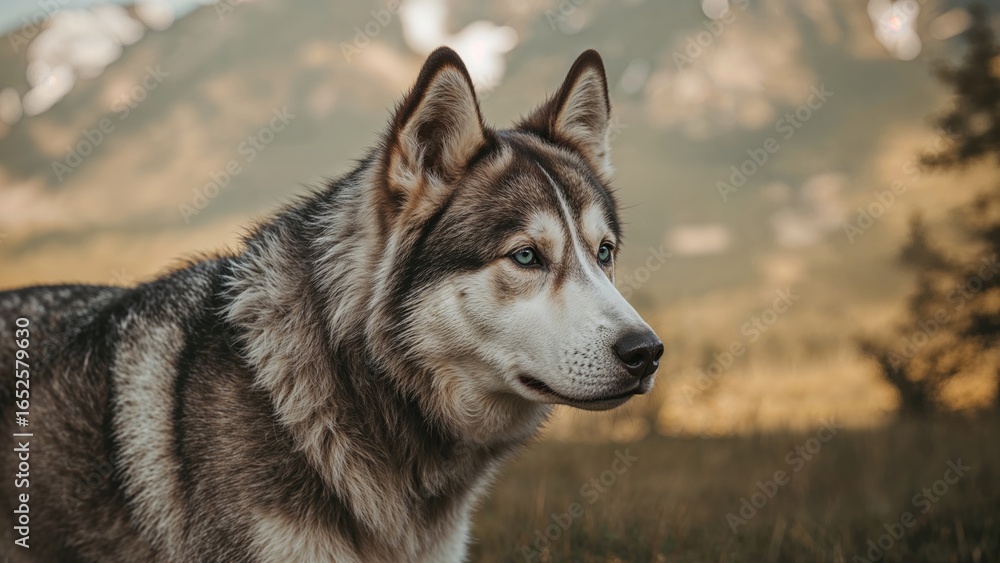 Fototapeta premium Blurry background with a husky showing a curious expression