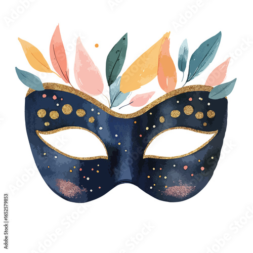 Decorative Carnival Mask with Golden Glitter and Pastel Feather Embellishments