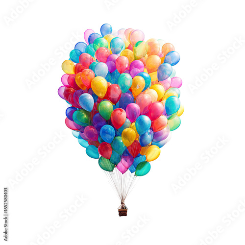 A massive cluster of colorful balloons, tied together, floats upwards, suggesting a whimsical journey or escape