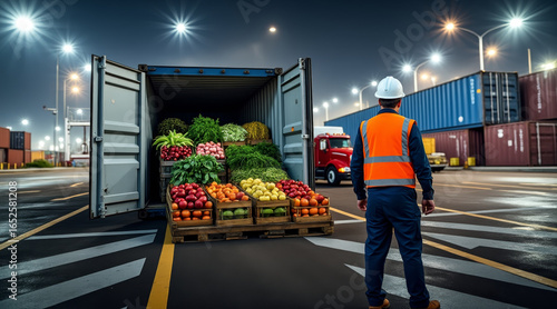 Fototapeta Naklejka Na Ścianę i Meble -  Agricultural tariffs concept ,port worker stands front of shipping container filled with fresh produce, including fruits