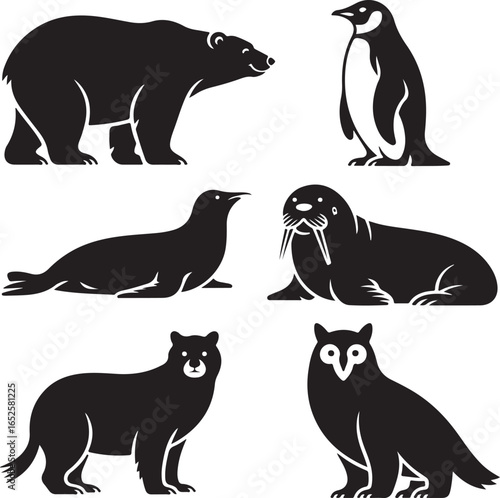 Black Silhouette Arctic Polar Bear Penguin Seal Walrus Owl Collection vector illustration
