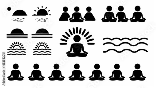 Silhouetted yoga figures meditating near sun and water icons in a peaceful and zen like arrangement |  editable eps vectors