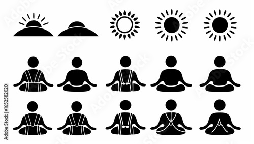 Illustrations of suns rising over hills and people meditating in various outfits in black and white style |  editable eps vectors silhouette