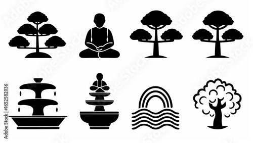 Illustration showcasing trees, fountains, a meditating figure, and a rainbow over water, all in black silhouette |  editable eps vectors