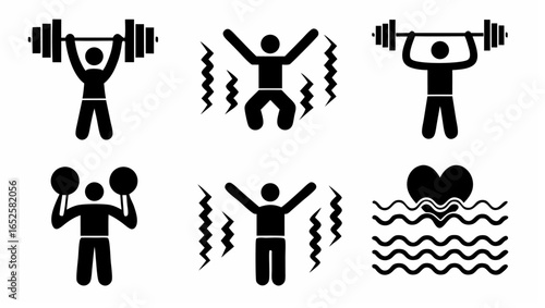 Illustration of stick figures engaged in various activities including weightlifting and swimming heart |  editable eps vectors silhouette