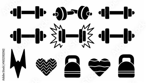 Illustration showing dumbbells kettlebells lightning bolt and hearts in a fitness and health theme design |  editable eps vectors silhouette