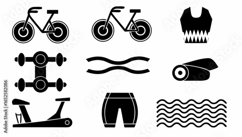 Illustration showing bicycles, dumbbells, swim suit, towel, and other fitness related items in black color |  editable eps vectors silhouette