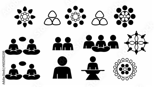 Illustration of various abstract people icons and floral designs arranged in rows and columns format |  editable eps vectors silhouette
