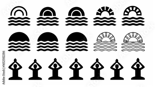 Collection of stylized icons depicting water waves sun and yoga poses arranged in rows on white |  editable eps vectors silhouette