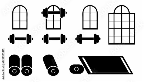 A collection of windows dumbbells and exercise mats in a black and white vector illustration style |  editable eps vectors silhouette