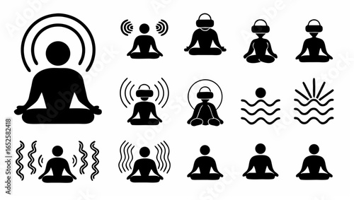 Collection of stylized black and white meditation and vr headset icons in various poses and designs |  editable eps vectors silhouette