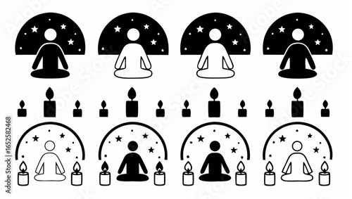 Illustration showing meditation figures under starry arches with candles in a black and white design |  editable eps vectors silhouette
