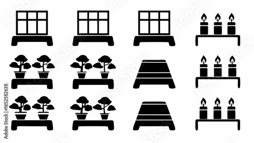 Illustration featuring windows, potted plants, candles, and decorative stands arranged in a grid pattern |  editable eps vectors silhouette