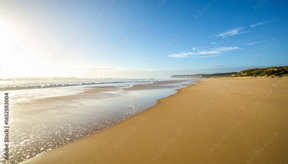 Fototapeta premium Sunny tranquil beach with golden sand and clear blue ocean waves under a bright sky