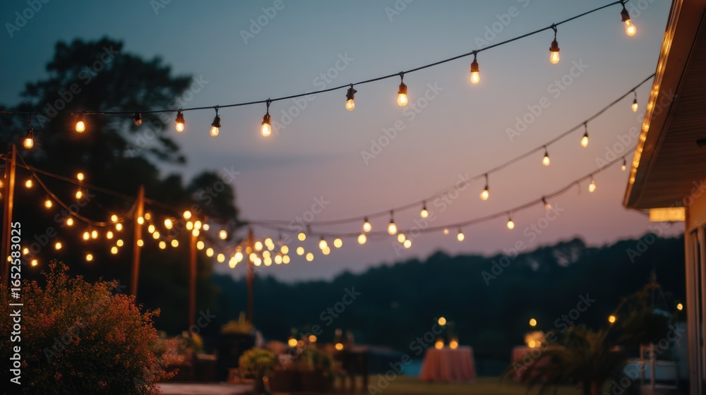 Naklejka premium A backyard movie night, string lights, cozy blankets, nostalgic summer evenings