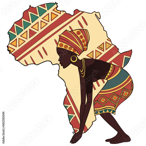 An african woman in traditional dress bending over in front of a map of africa isolated on white background