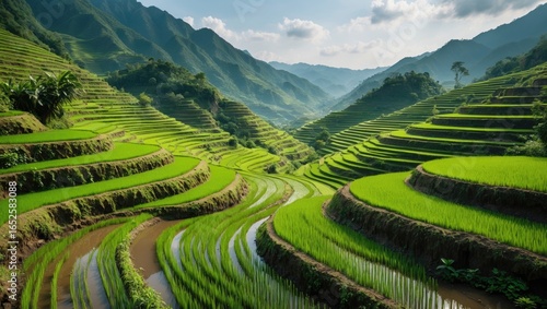 Vast terraced agricultural fields adorning the slopes of rugged mountains in the northwest