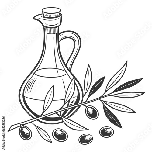 Hand drawn olive oil bottle with branch isolated on white background, a healthy cooking ingredient for mediterranean cuisine and salad dressing