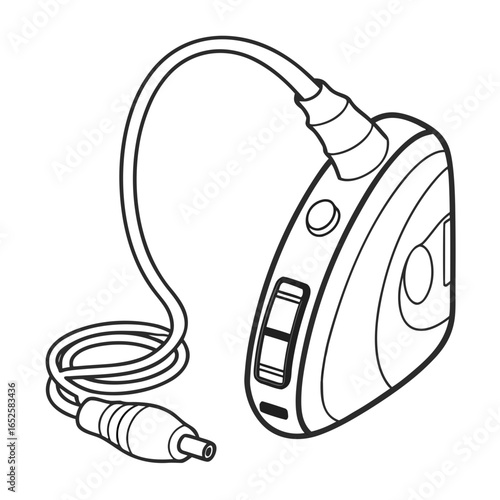 Hearing aid device with power cord isolated on white background for medical technology and health care equipment and sound listening
