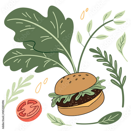 Illustration of a burger with arugula, tomato slice, and other plant leaves isolated on white background for a healthy and organic food concept