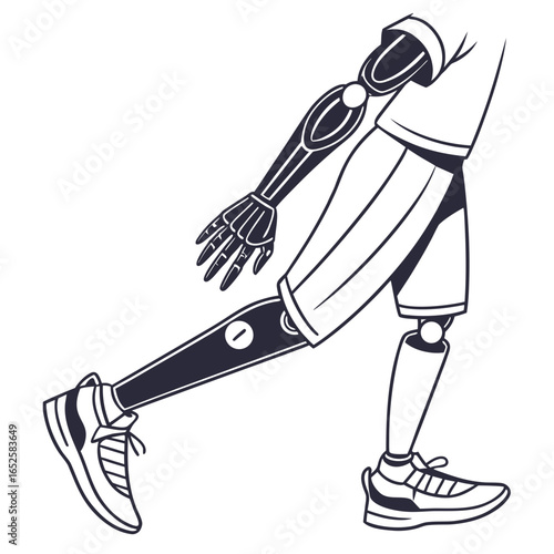 Illustration of a man with prosthetic arm and leg isolated on white background, showcasing modern technology and athletic adaptation