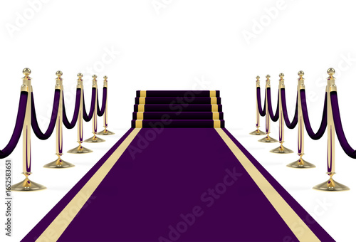 Black purple carpet with stairs, podium, ropes and golden stanchions. Vector illustration.